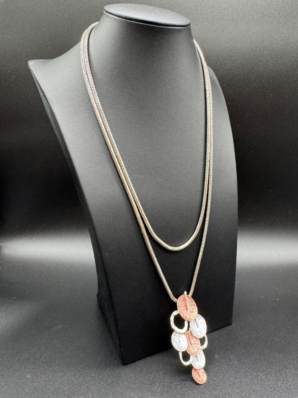 Long Silver Tone Snake Chain Necklace and Geometric Silver Copper/Pendant 46 in
